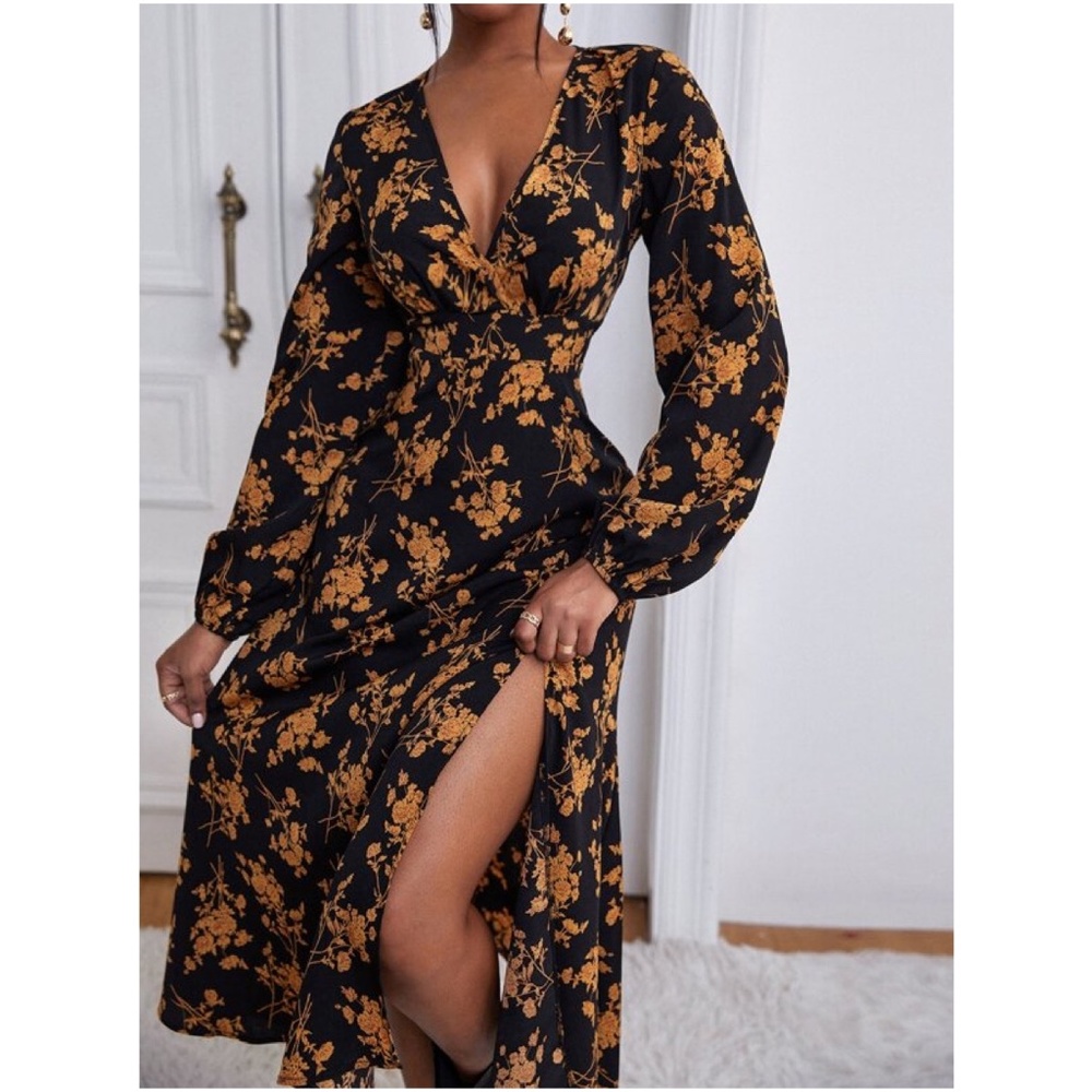 Bohemian Black Floral Print Slit Maxi Dress Cottagecore - Picture 2 of 4